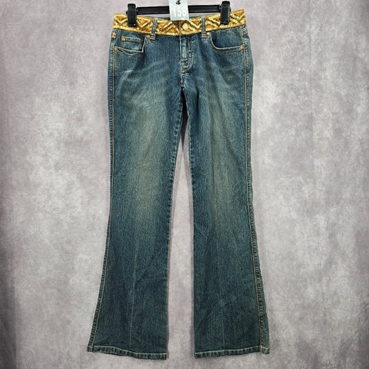 XOXO Blue Straight Bootcut Flare Gold Sequin Denim Jeans Pants 7/8