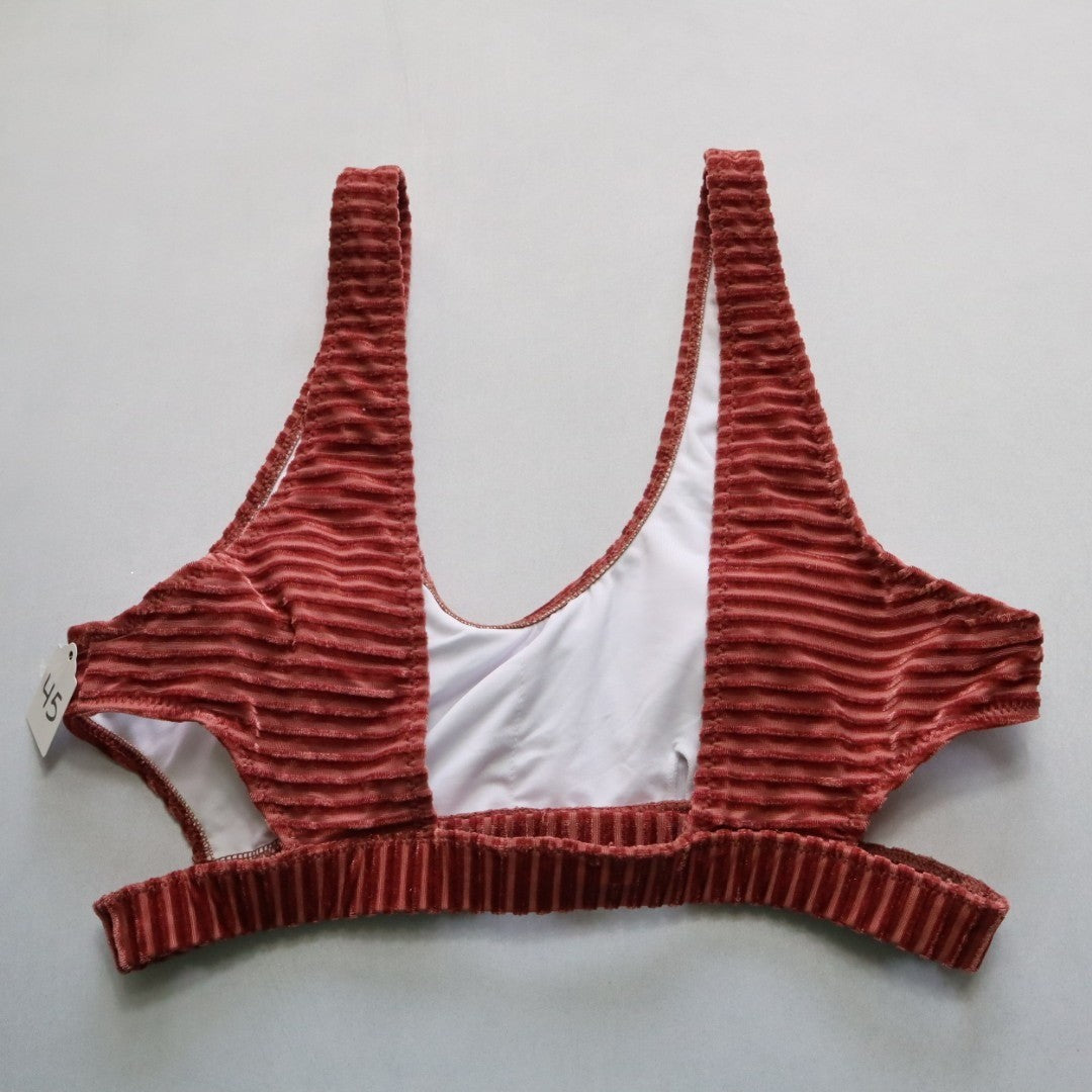 Brown Stripe Cutout Velvet Swim Sports Bra Beach Bralette Bikini Top L Large