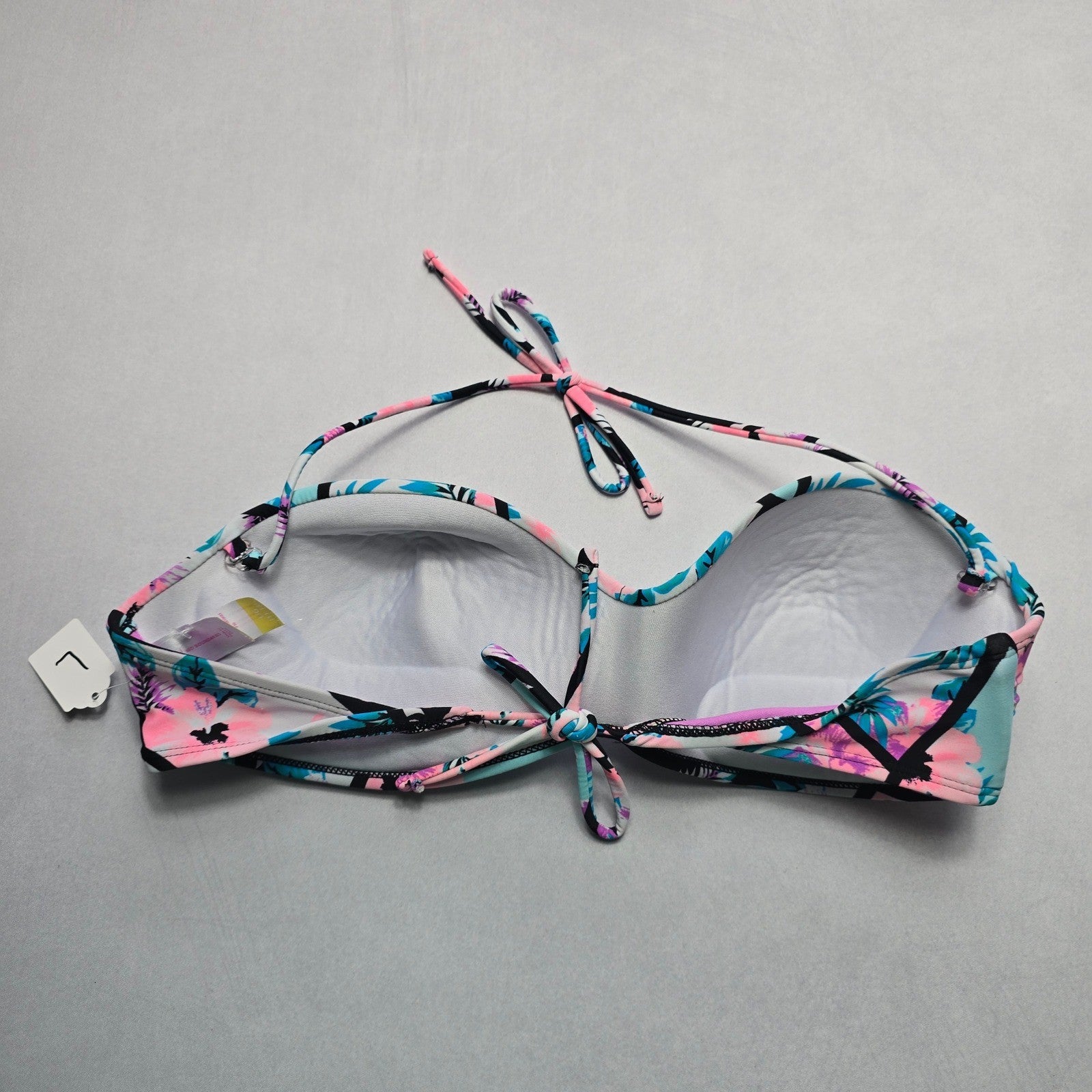 No Boundaries Pink Floral Padded Halter Tie Swim Bra Beach Bikini Top L Large