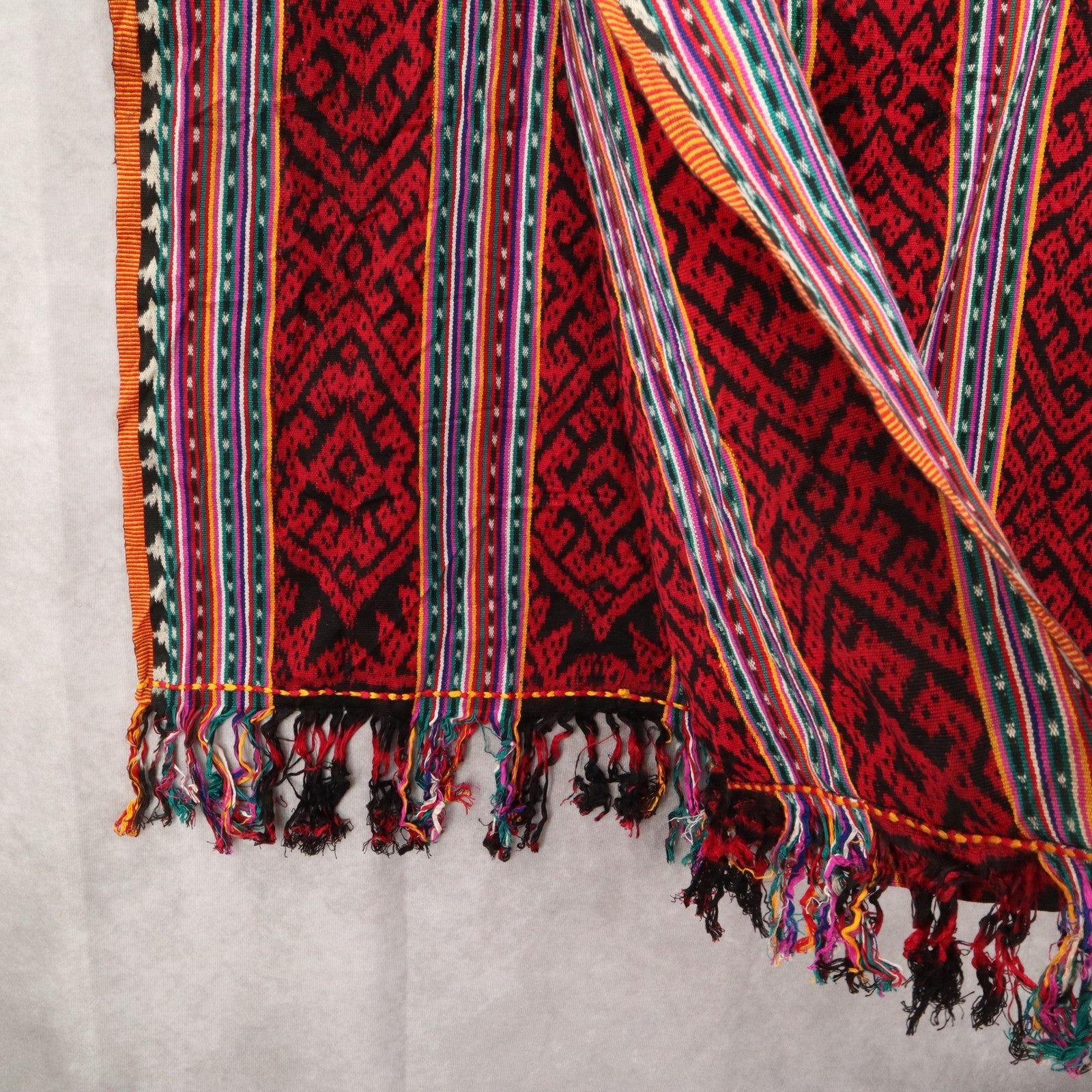 Red Tassel Geometric Rectangle Tribal Boho Shawl Wrap Scarf