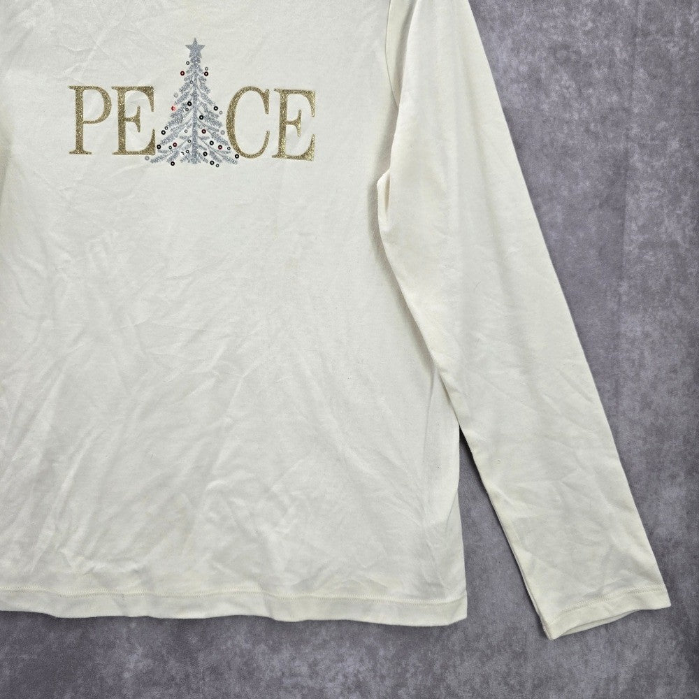 Croft & Barrow White Peace Christmas Tree Holiday Festive Top Medium