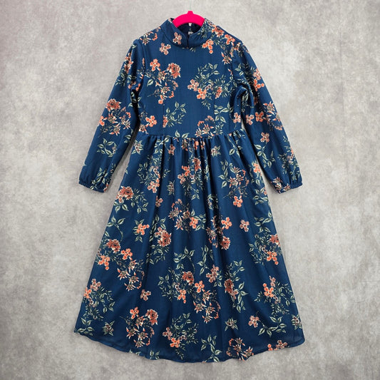 Missvalle Indigo Blue Floral Long Sleeve Modest Fairy Vintage Girls Dress Size 5