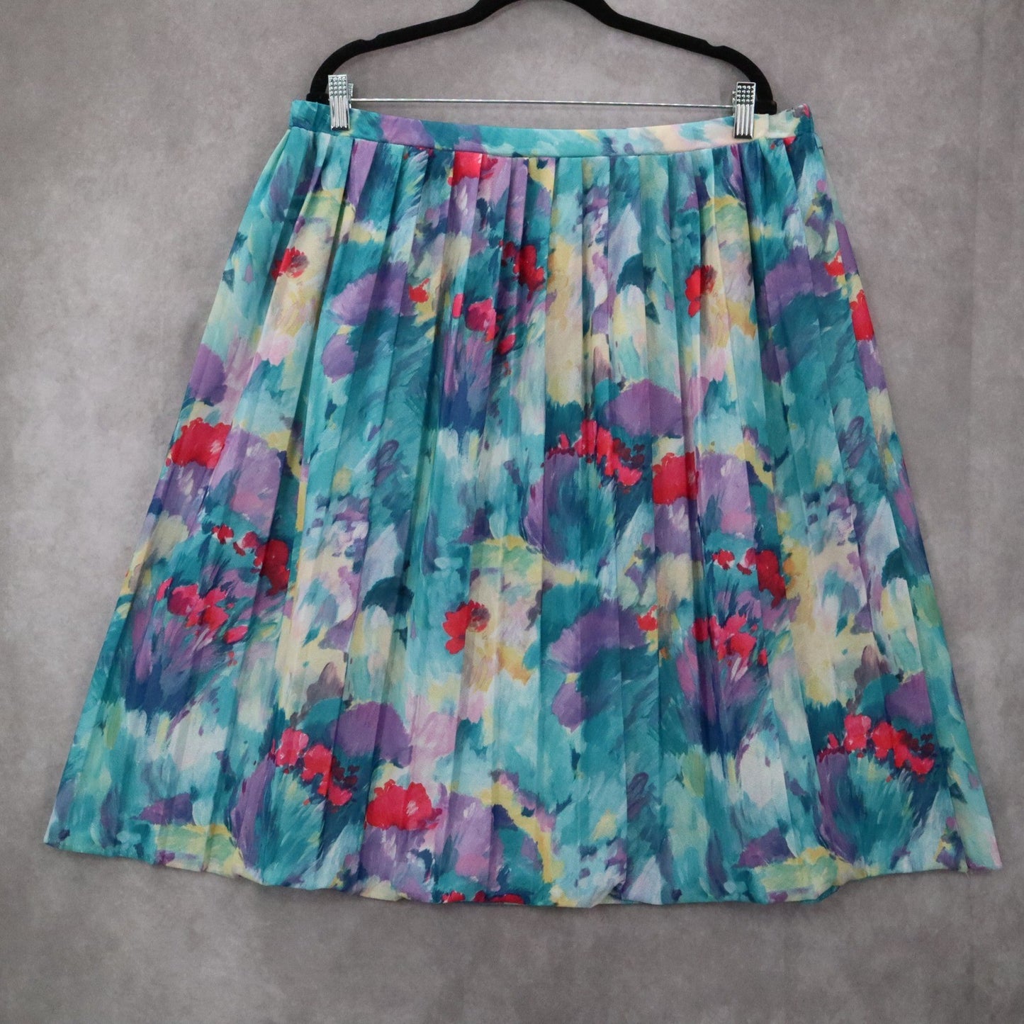 Floral Pleated Midi Skirt Watercolor Print A-Line Retro Cottagecore Chic Plus 16