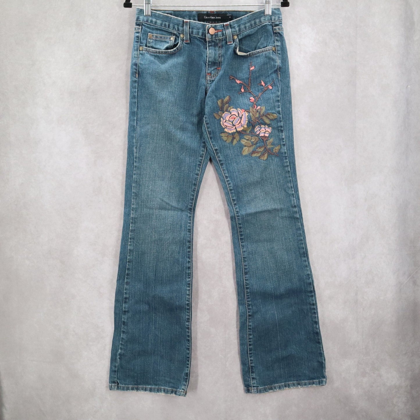 Calvin Klein Blue Floral Embroidered Low Rise Flare Denim Jeans Pants S Small 4