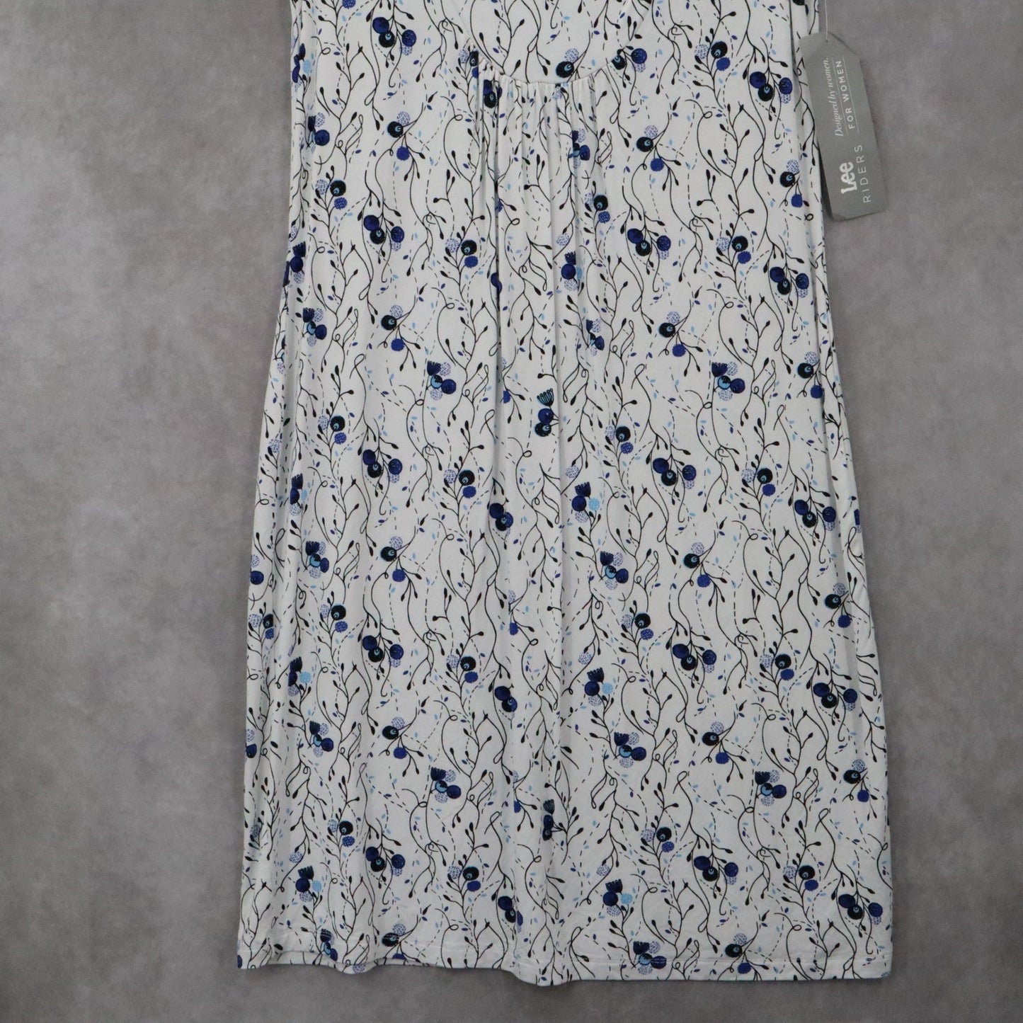 Riders by Lee White Floral Midi Dress Blue V-Neck Casual A-Line Flare S Small