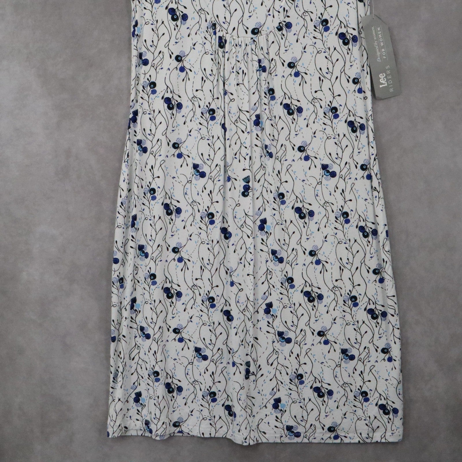 Riders by Lee White Floral Midi Dress Blue V-Neck Casual A-Line Flare S Small