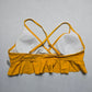 Yellow Ruffle Padded Pull On Crisscross Swim Sports Bra Beach Bikini Top L Large