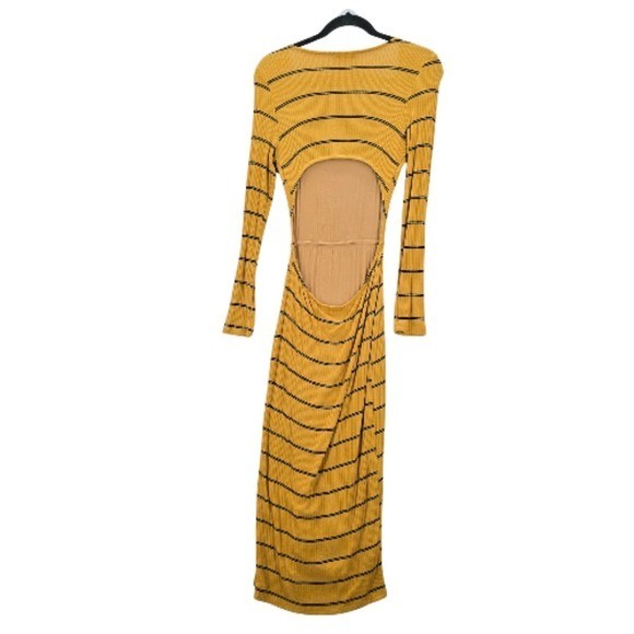 Fashion Nova Yellow Ribbed Cutout Long Sleeve Midi Maxi Dress Extra Small XS
