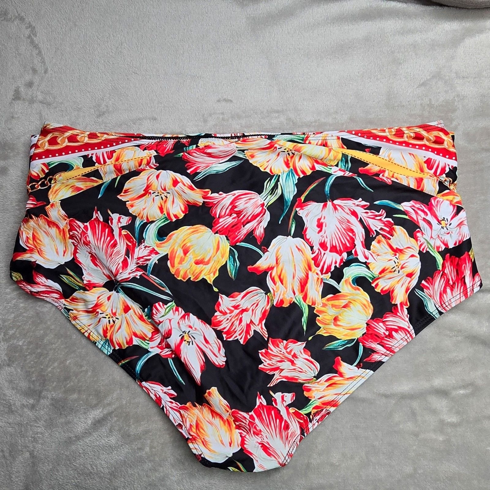 Shein Black Floral High Waist Belt Buckle Swimsuit Swimwear Bikini Bottom 2XL