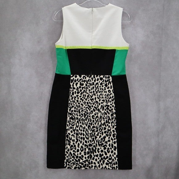 Calvin Klein Animal Black Green Leopard Knee Length Preppy Classic Dress 10