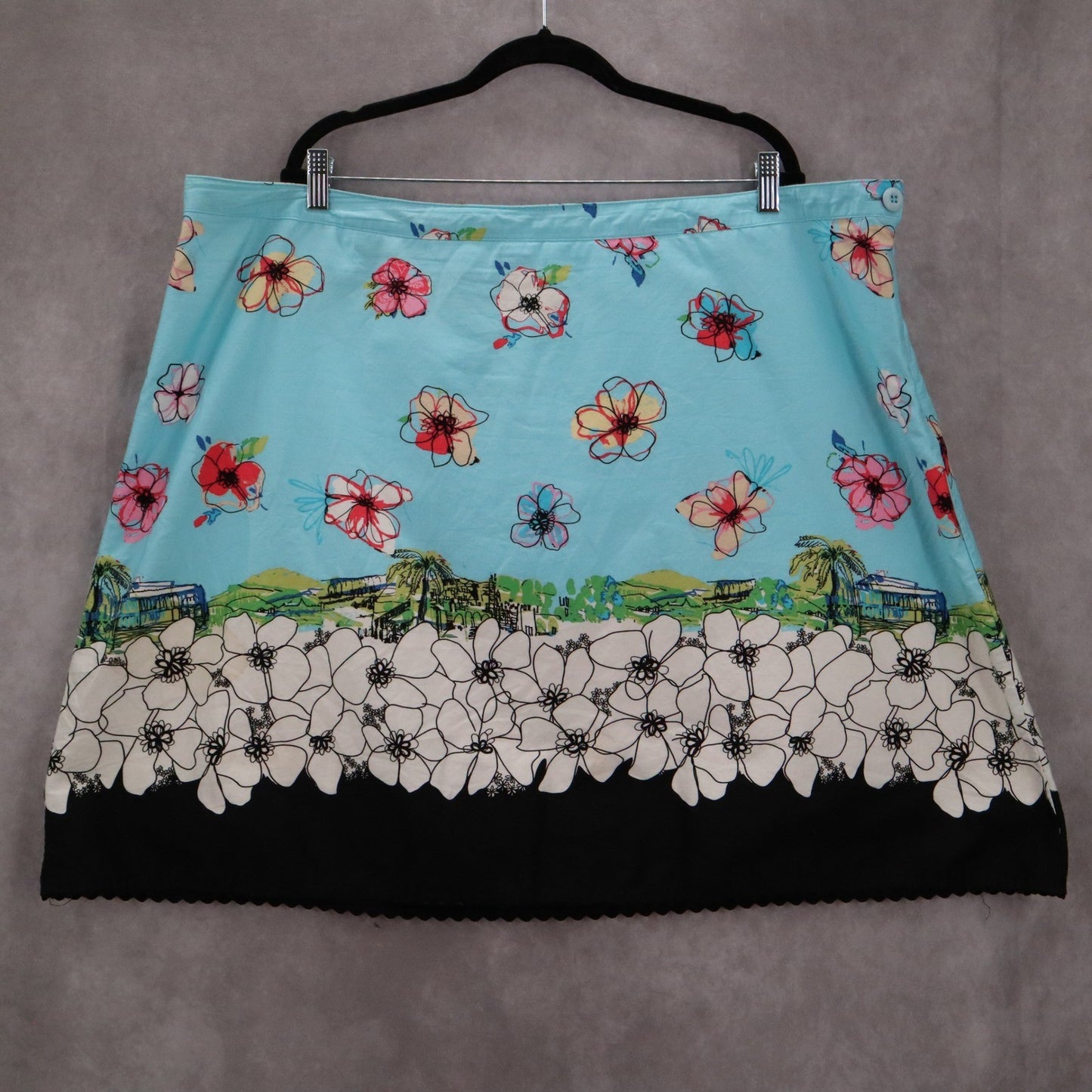 George Blue Floral Mini Short Flare Lace Trim Preppy Zip Button Skirt Plus 24W