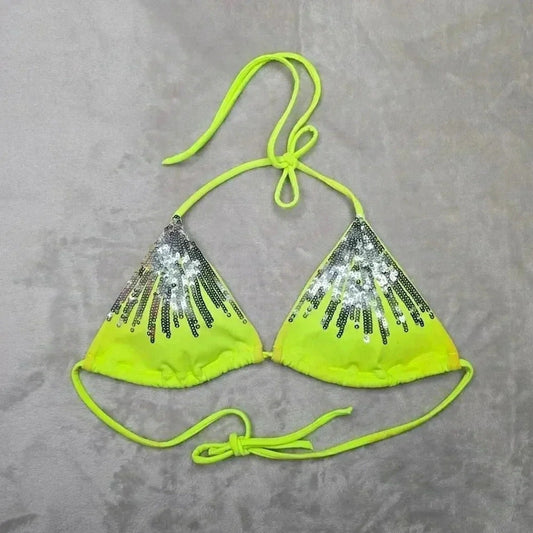 Victoria's Secret Yellow Silver Sequin Strap Tie Back Bikini Top Swimwear Small