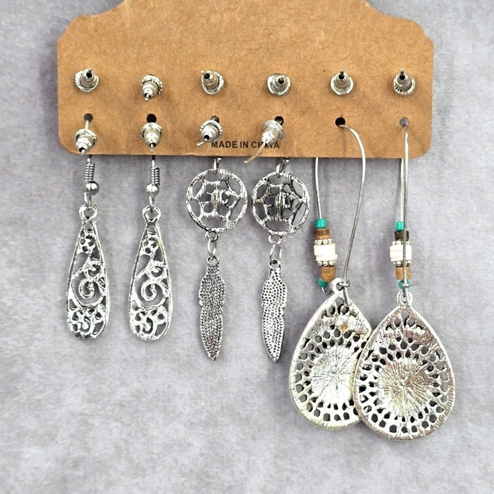 Silver Feather Moon Boho Hoop Dangle Stud Earrings Retro Fashion Jewelry JB2-66