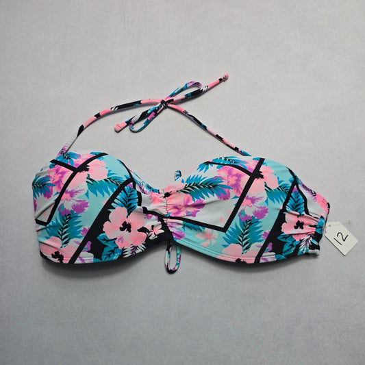 No Boundaries Pink Floral Padded Halter Tie Swim Bra Beach Bikini Top L Large