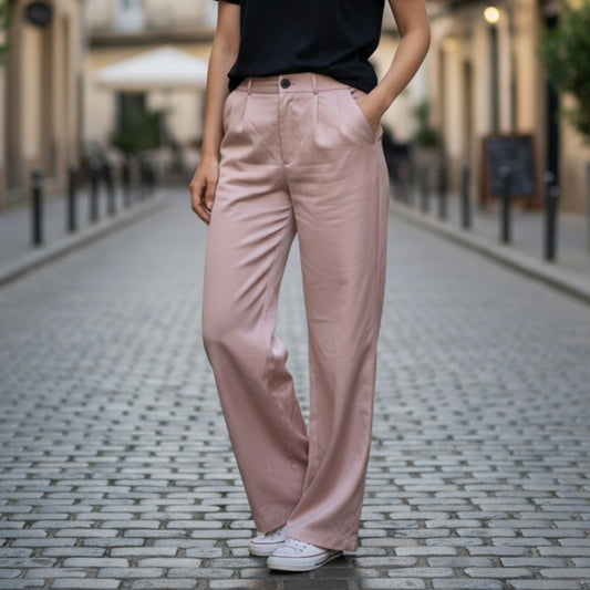 Pink Pleated Wide Leg Boho Preppy Straight Business Casual Trousers Pant L Large