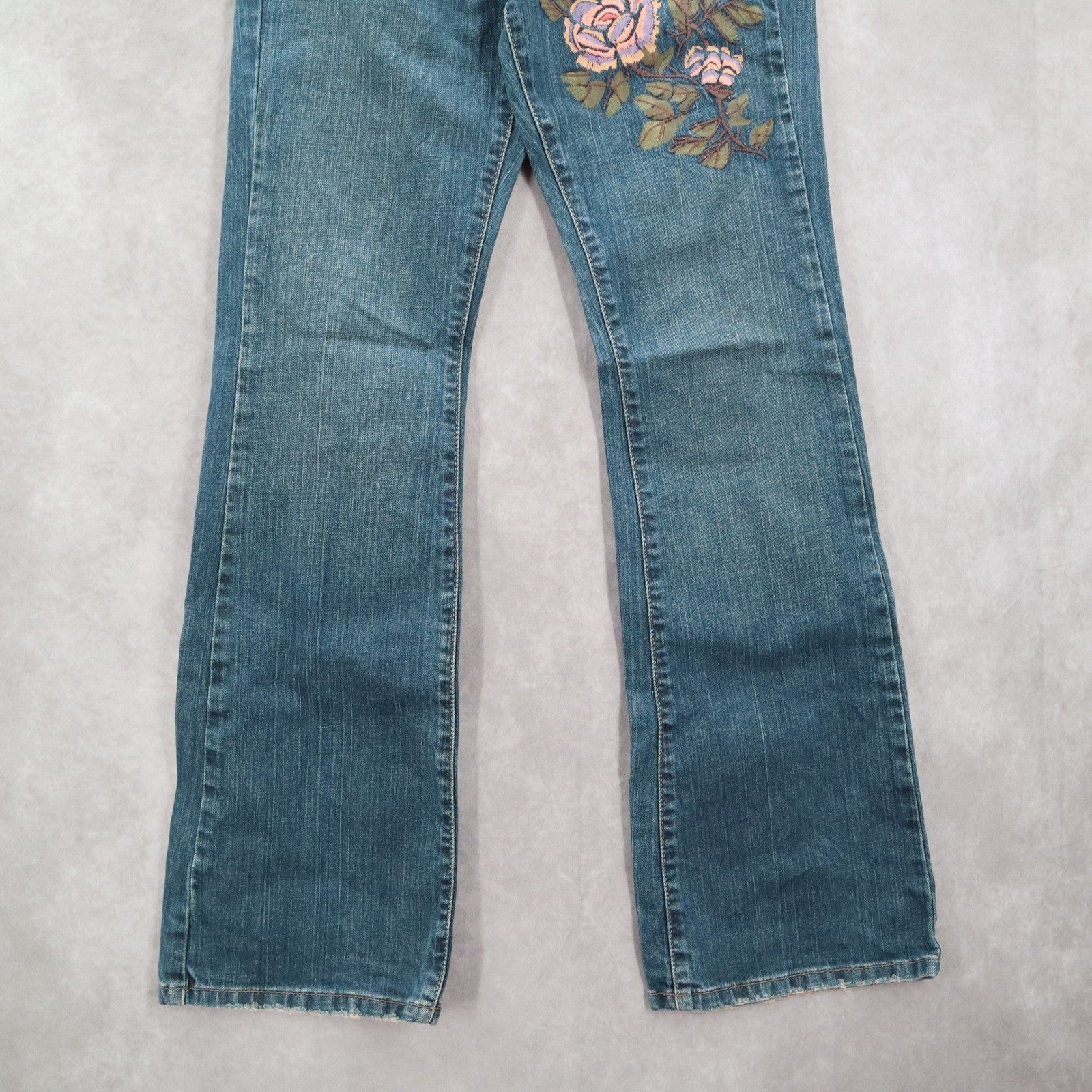 Calvin Klein Blue Floral Embroidered Low Rise Flare Denim Jeans Pants S Small 4