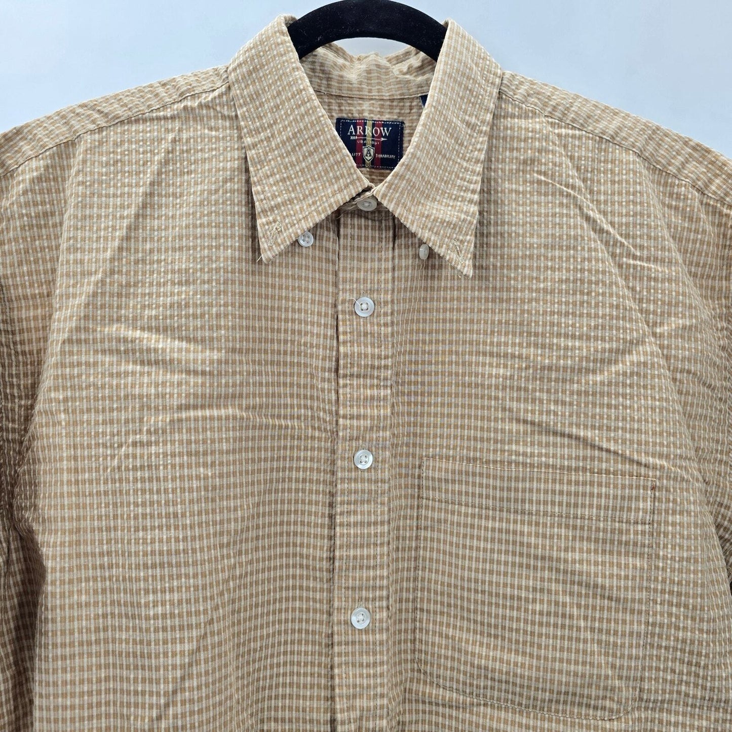Arrow Tan Stripe Plaid Button Up Short Sleeve Shirt Medium