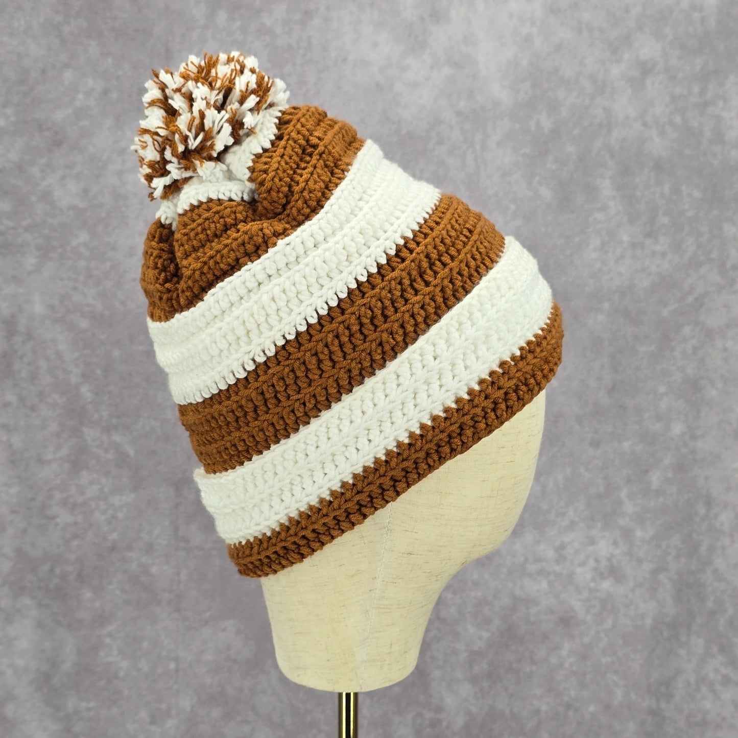 Brown Pom Pom White Cable Knit Vintage Y2k Funky Beanie Crochet Hat