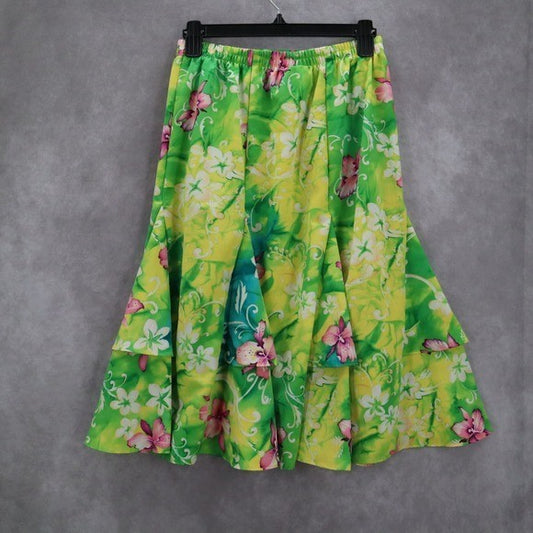 Maggie Sweet Yellow Green Floral Flare Flirty Pull On Vintage Skirt S Small