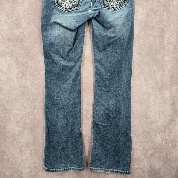 Blue Embroidered Stud Rhinestone Straight Leg Stitch Denim Pants Jeans 10