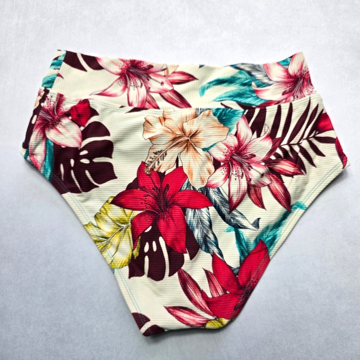 Kona Sol Brown Floral Ribbed Swim Beach Cheeky Flirty Boho Bikini Bottom Large