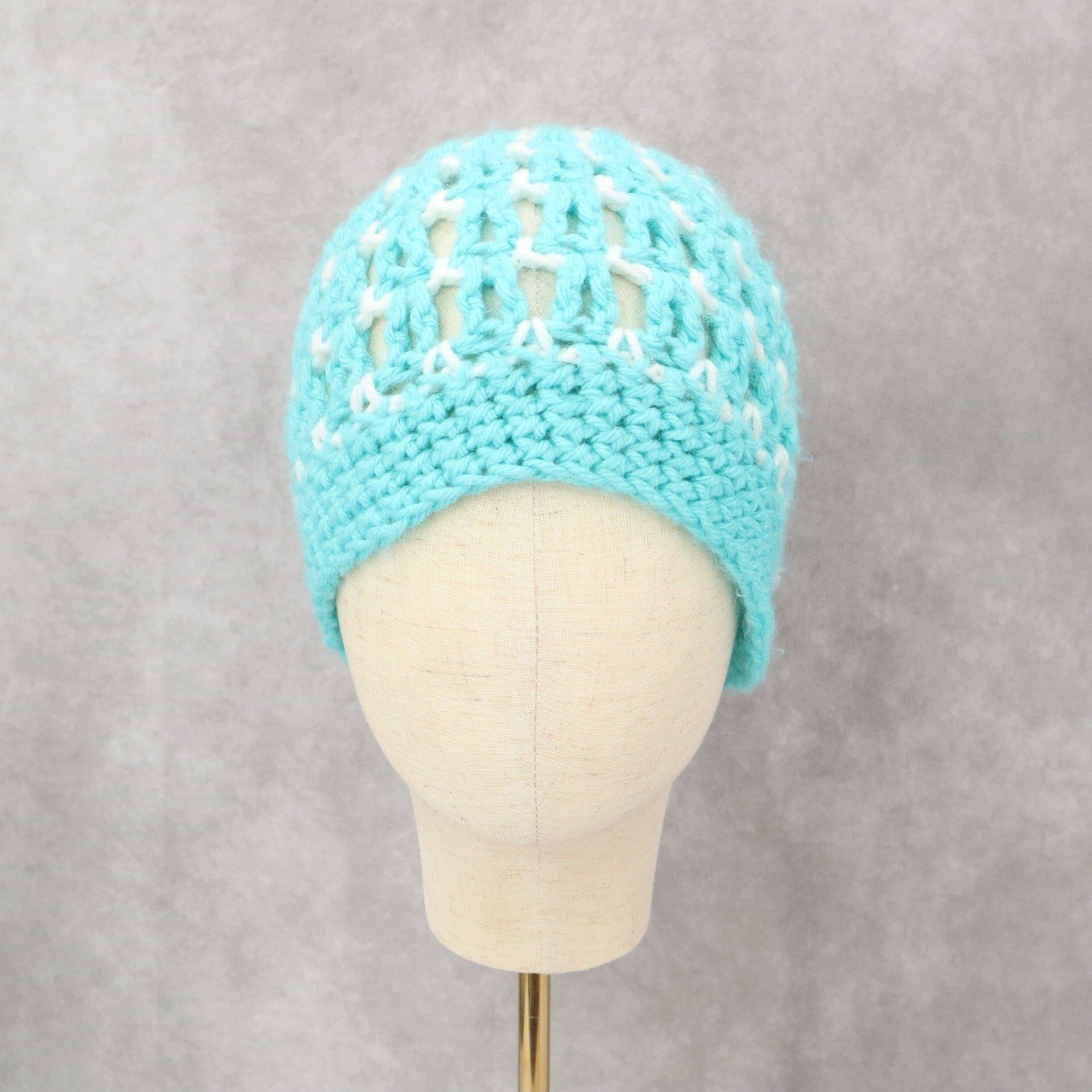 Blue Cable Knit White Handmade Y2K Vintage Cozy Winter Beanie Cap Hat