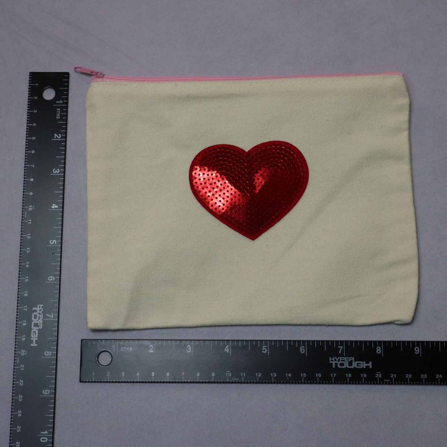 Red Sequin Pink Zipper Canvas Pouch Handmade Makeup Bag