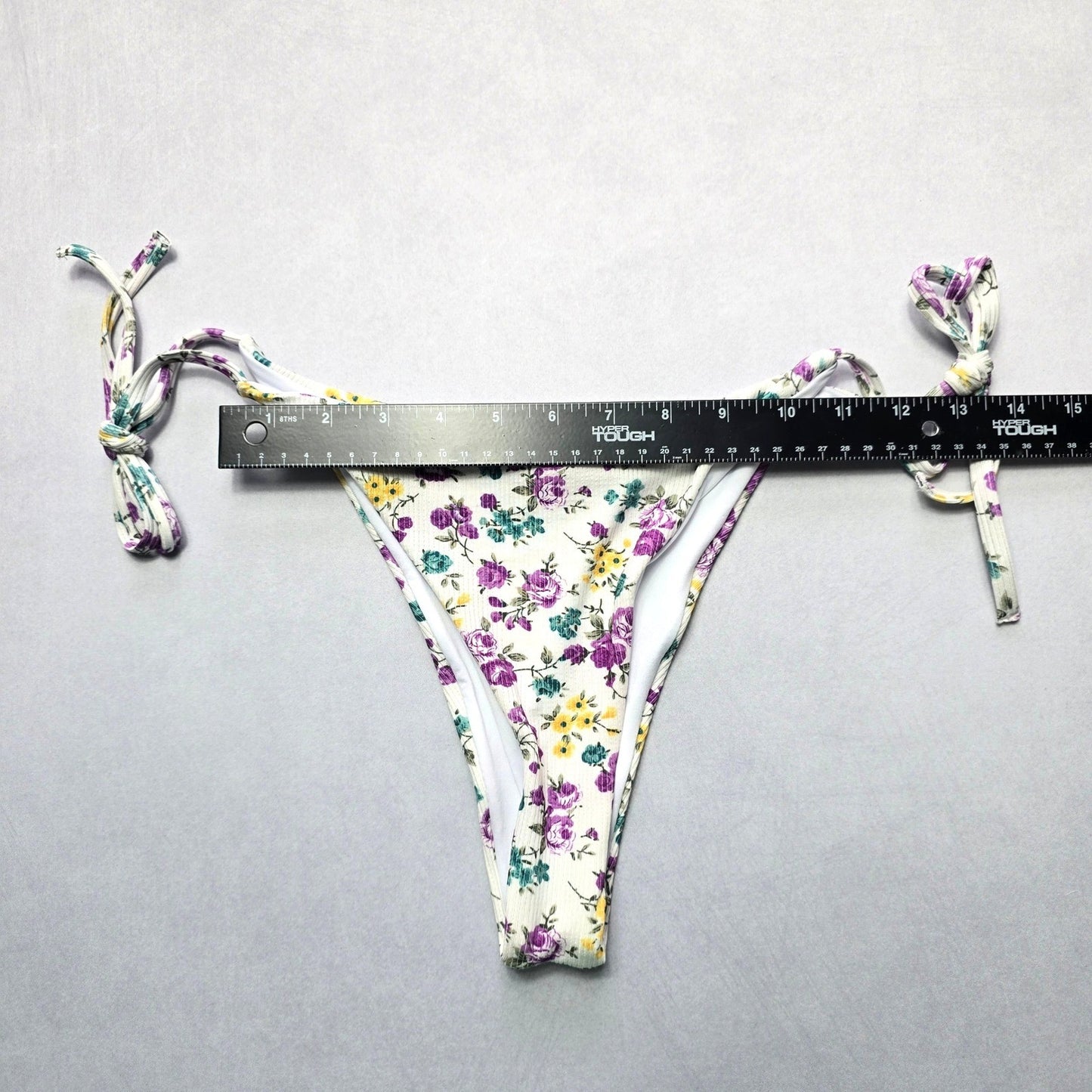 White Flower Ribbed Thong Tie Swim Beach Flirty Boho Bikini Bottom L Large