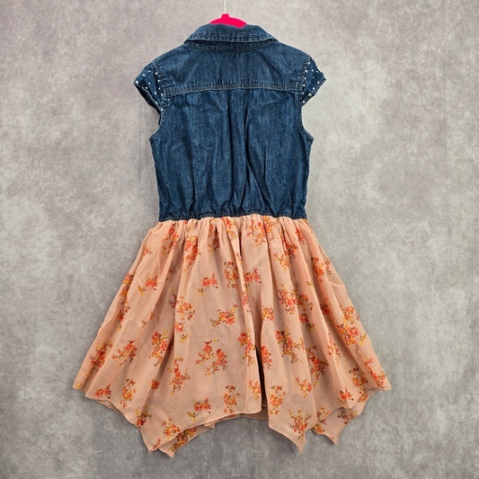 Guess Blue Orange Floral Asymmetrical Button Jeans Gem Tie Girls Toddler Dress 7