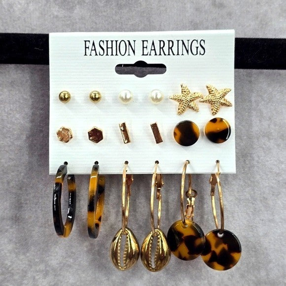 Hoop Stud Dangle Brown Gold Set of 9 Earrings Fashion Jewelry JB2-48