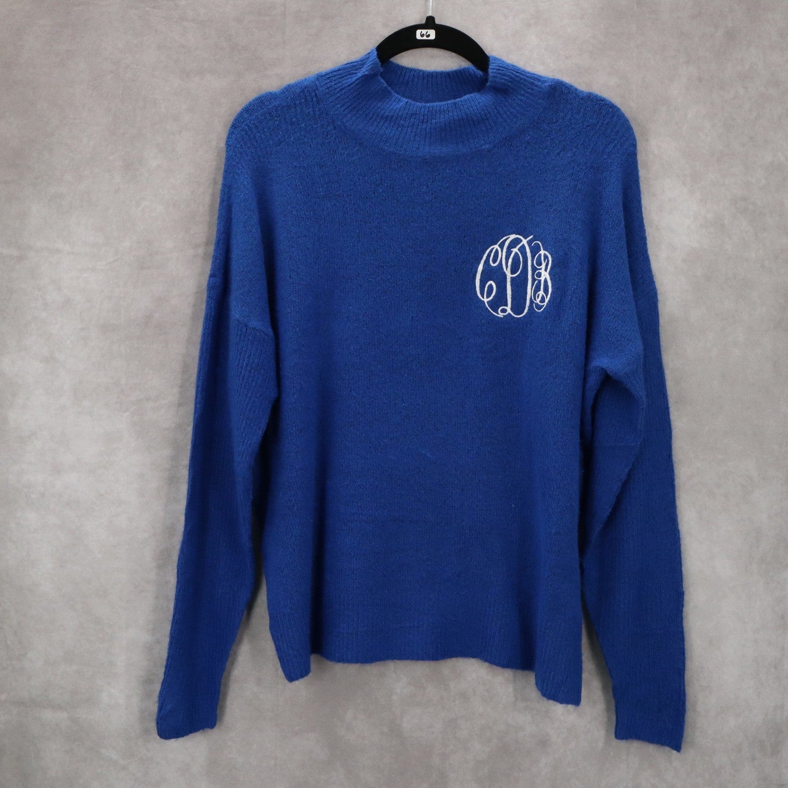 Time and Tru Blue Embroidered Initials Pullover Funnel Mock Neck Sweater Small