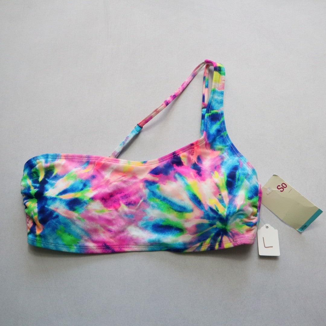 SO Pink Multi One Shoulder Padded Tie Dye Swim Bra Beach  Bikini Top L Large