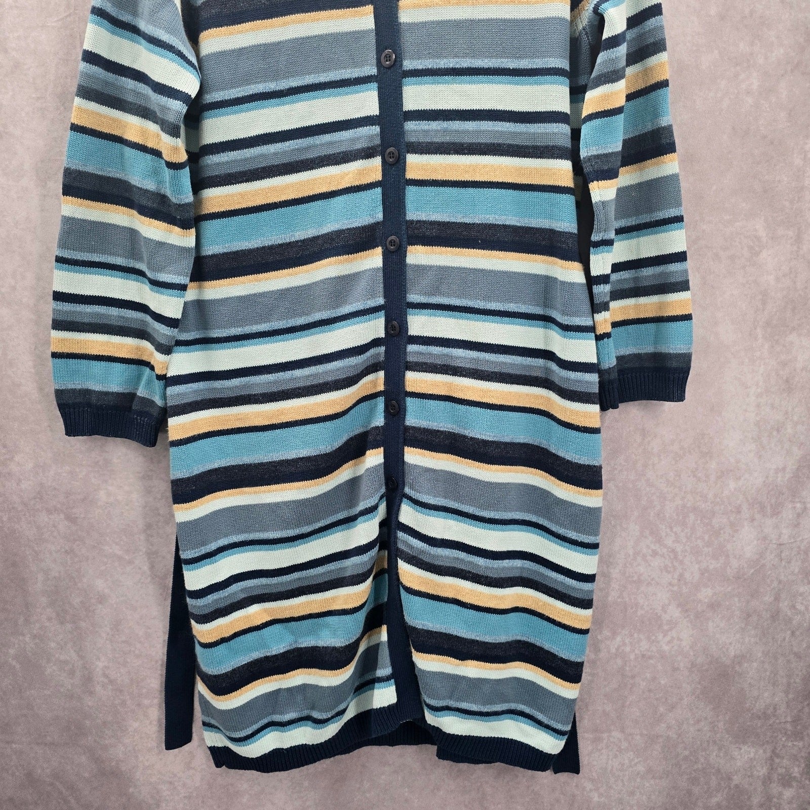 Liz Claiborne Blue Stripe Button Hoodie Knit Long Sweater Cardigan Small