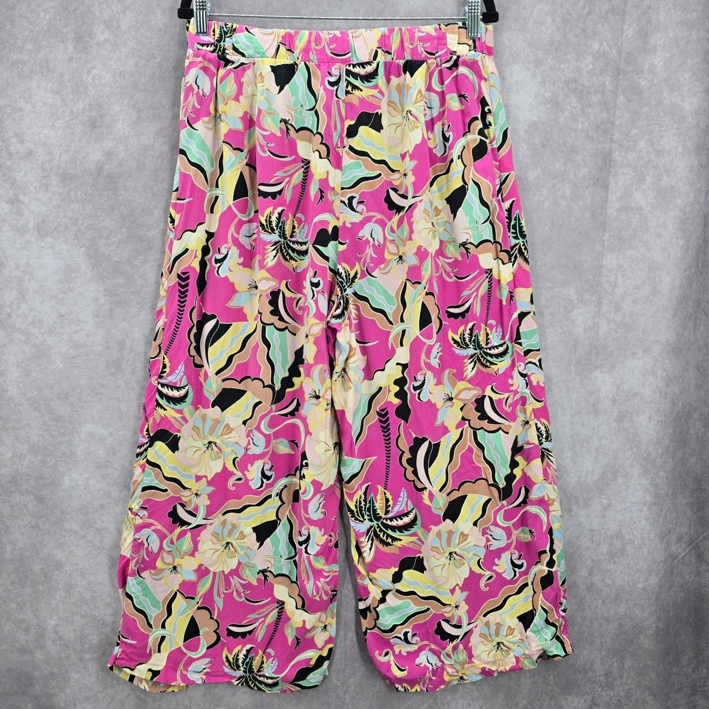 New Look Pink Floral Elastic Crop Belt Beach Boho Wide Leg Pants Trousers XL