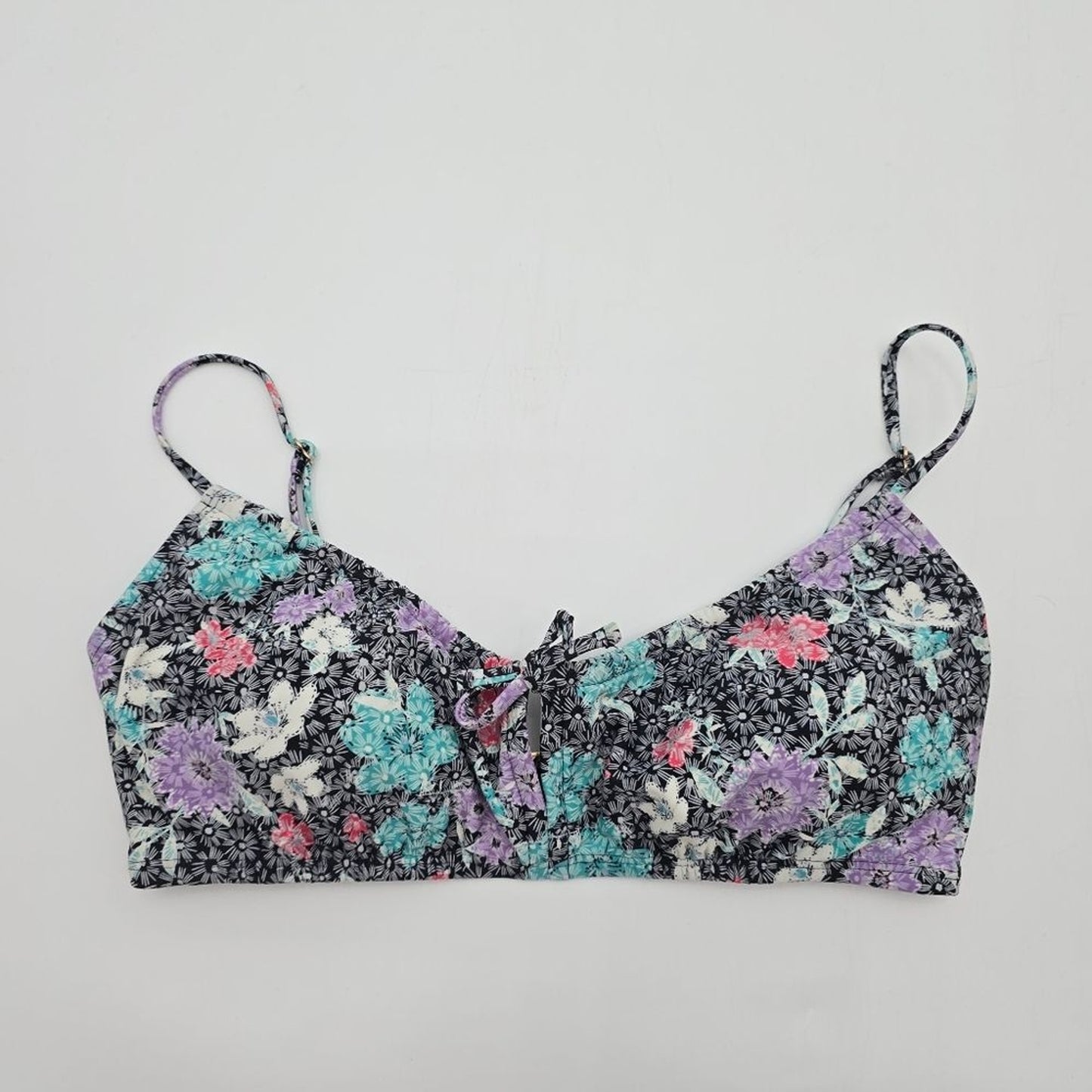 Time and Tru Black Floral Padded Adjustable Strap Bikini Top Swimwear Swimsuit