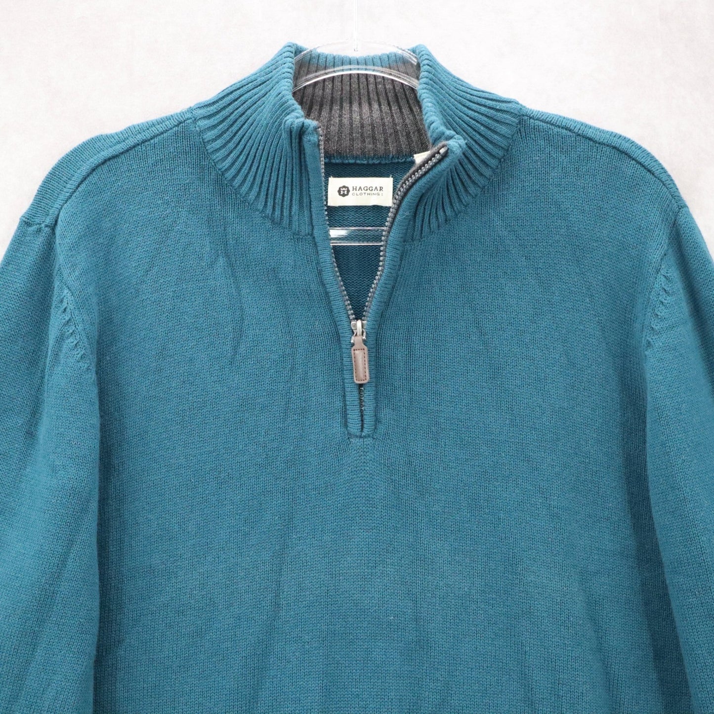 Haggar Teal Gray 1/4 Zip Sweater Knit Pullover Ribbed Collar Classic L Large