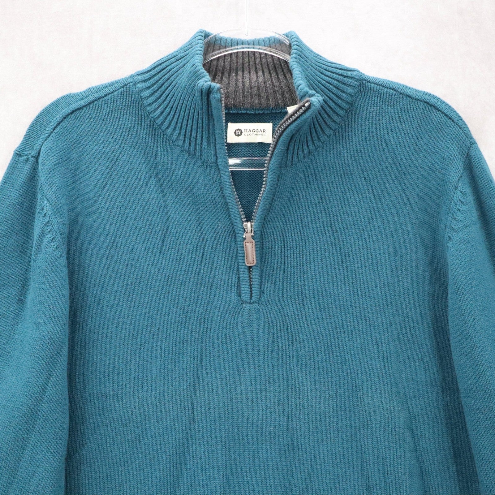 Haggar Teal Gray 1/4 Zip Sweater Knit Pullover Ribbed Collar Classic L Large
