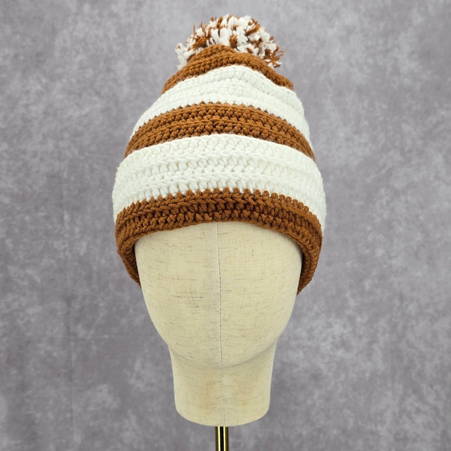 Brown Pom Pom White Cable Knit Vintage Y2k Funky Beanie Crochet Hat