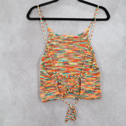 Orange Knit Multicolor Open Back Crop Tie Boho Stretch Y2K VTG Top M Medium