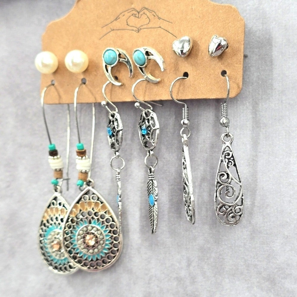 Silver Feather Moon Boho Hoop Dangle Stud Earrings Retro Fashion Jewelry JB2-66