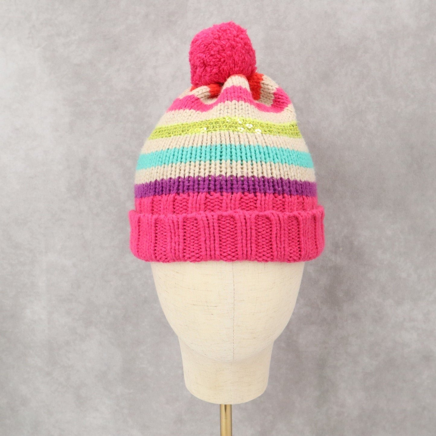 Gymboree Pink Cable Knit Sequin Stripe Y2K Girls Toddler Pom Pom Beanie Cap Hat