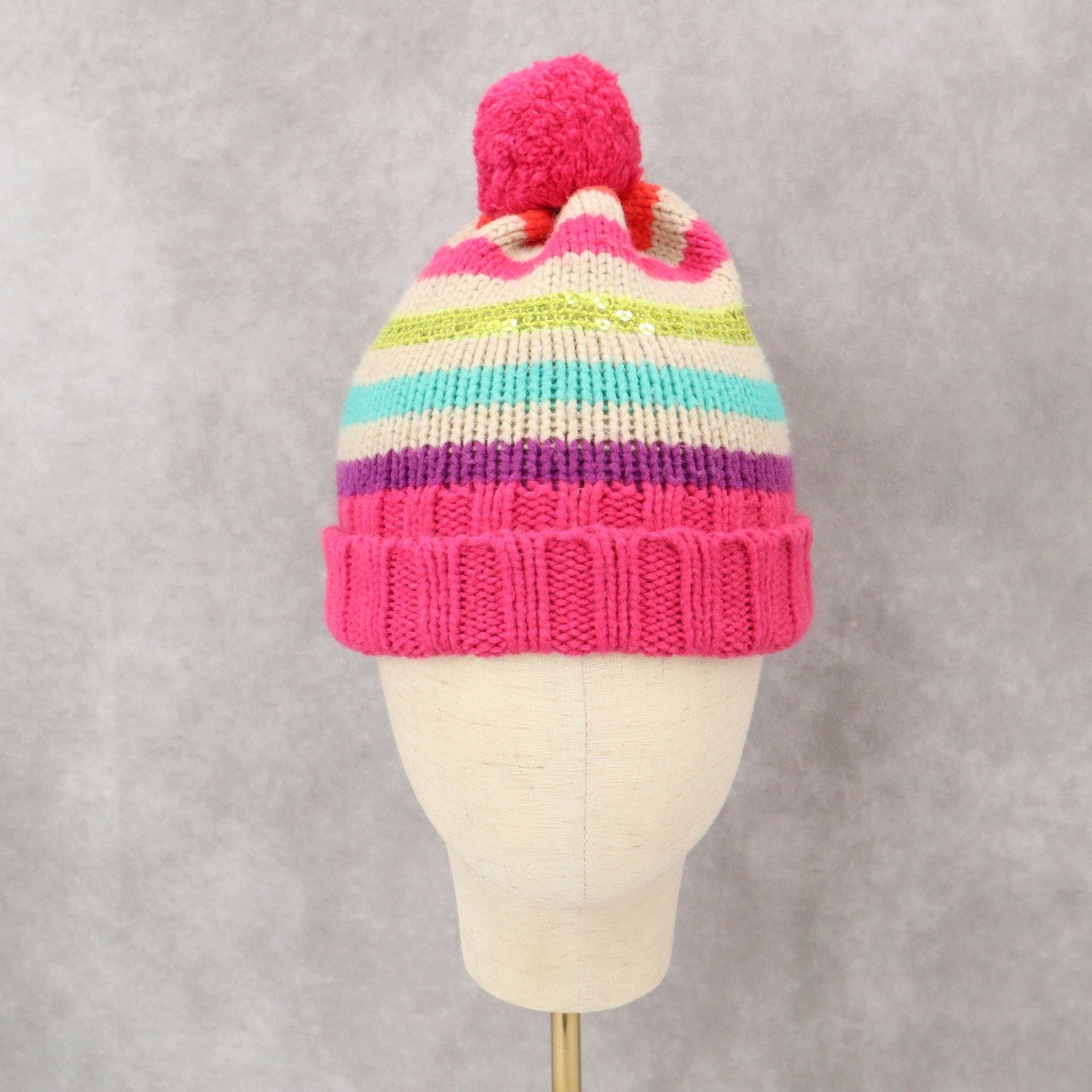 Gymboree Pink Cable Knit Sequin Stripe Y2K Girls Toddler Pom Pom Beanie Cap Hat