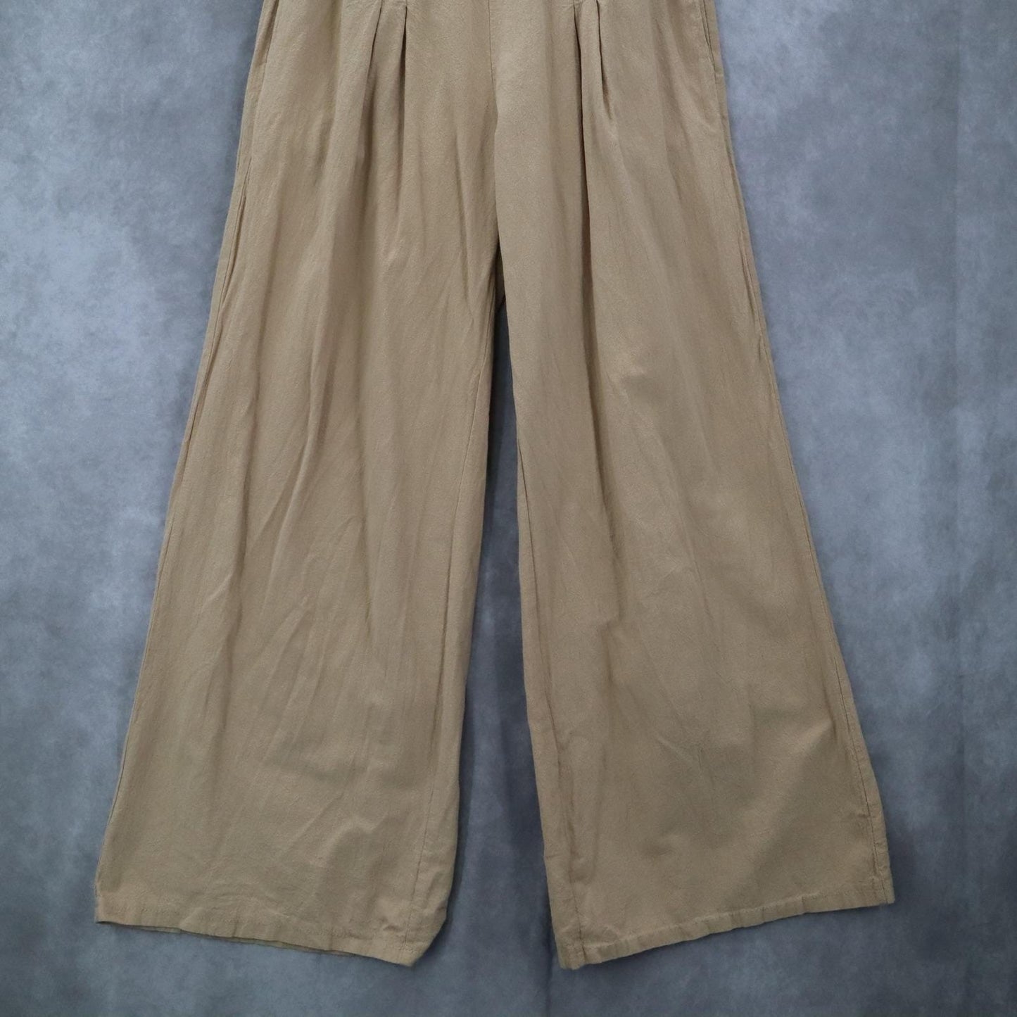 Beige Wide Leg Pants Smocked Waist Boho Palazzo Casual Trousers Pull On Medium