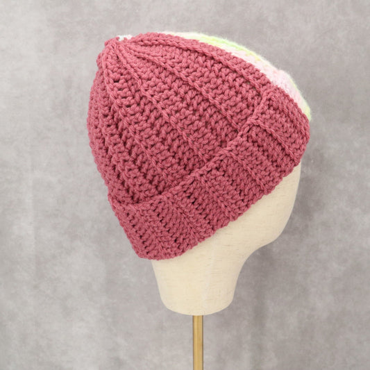 Pink Multi Color Chunky Y2K Vintage Crochet Beanie Cap Hat OS
