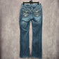 Blue Embroidered Stud Rhinestone Straight Leg Stitch Denim Pants Jeans 10