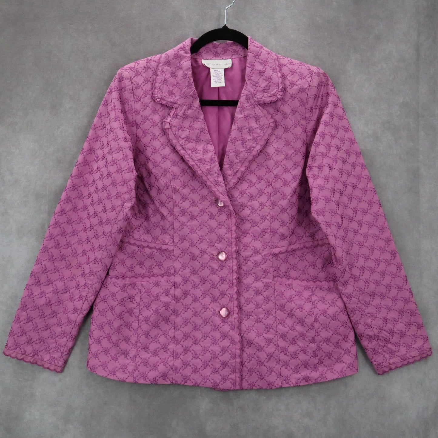 Susan Graver Purple Embroidered Floral Scallop Notch Cotton Jacket Blazer Small