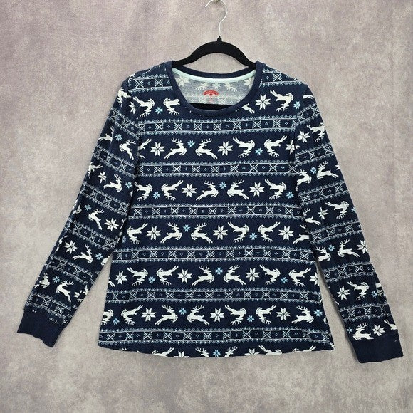 Holiday Time Blue Christmas Snow Flake Reindeer Print Pajama Top Medium