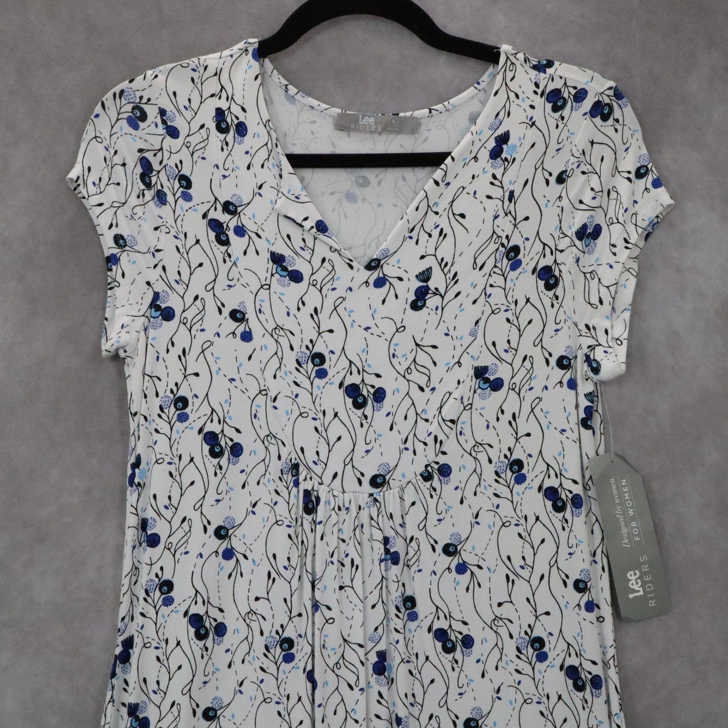 Riders by Lee White Floral Midi Dress Blue V-Neck Casual A-Line Flare S Small