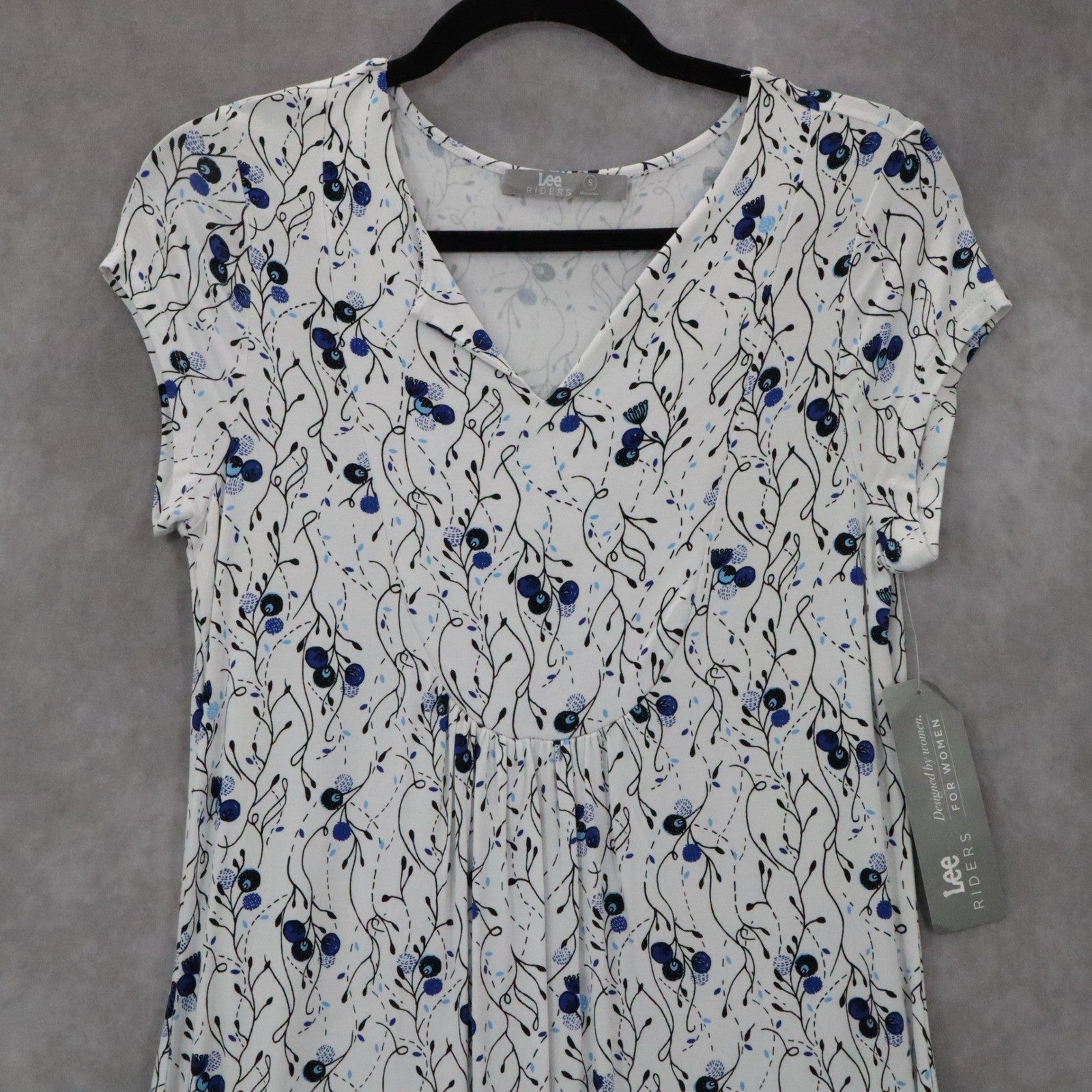 Riders by Lee White Floral Midi Dress Blue V-Neck Casual A-Line Flare S Small