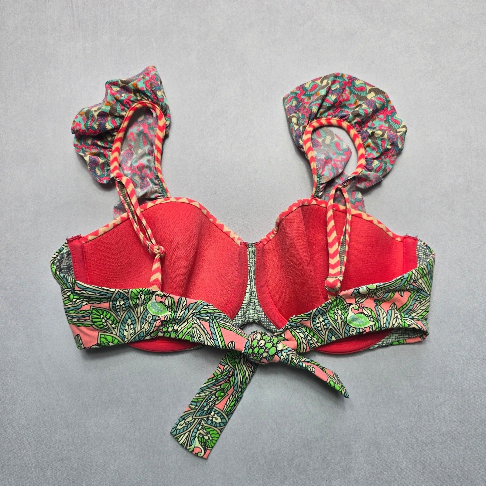 Maaji Pink Geometric Ruffle Padded Tie Floral Swim Bra Beach Bikini Top L Large